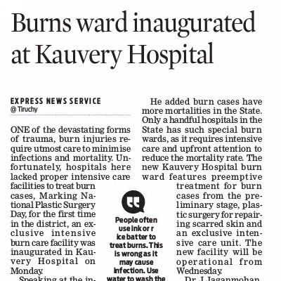 Burns ward inaugurated at Kauvery Hospital - The New Indian Express News