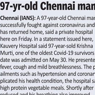 97-year-old man recovers from COVID-19 - The Hans, Hyderabad 
