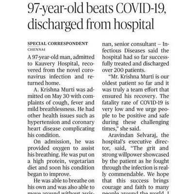 97-year-old man recovers from COVID-19 - The Hindu, Chennai
