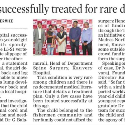Successfully treated for Rare spinal deformity in a 2 year old- New Indian Express