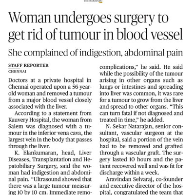 Woman undergoes surgery to get rid of tumour in blood vessel - The Hindu