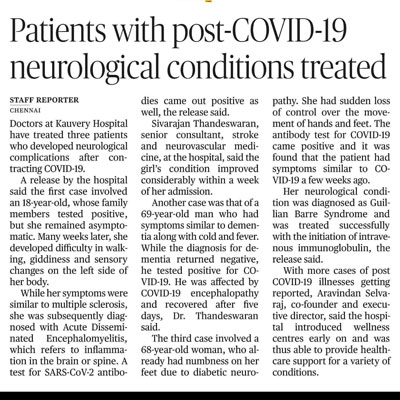 Patients with post-COVID-19 neurological conditions treated - The Hindu