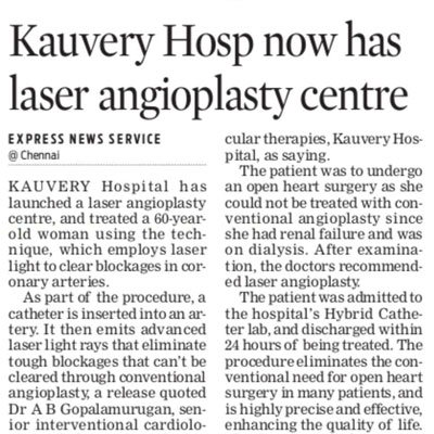 Kauvery Hosp now has laser angioplasty centre - The Hindu