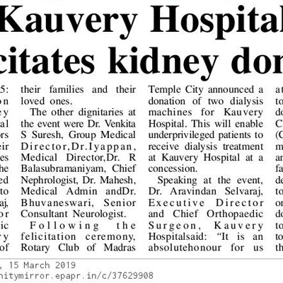 Kauvery Hospital felicitates kidney donors - The New Indian Express