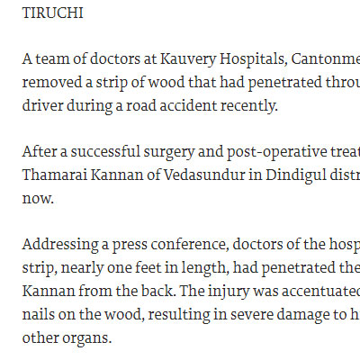 A strip of wood removed from mans abdomen -  The Hindu