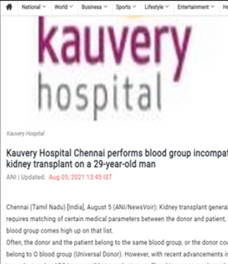 Kauvery hospital performs ABO incompatible Kidney Transplant on 29 year old man