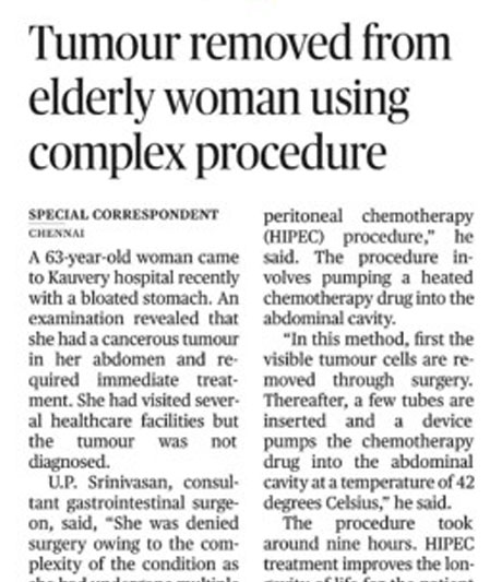 Kauvery Hospital Successfully Treats 63-year-old Woman with Advanced Abdominal Cancer through HIPEC