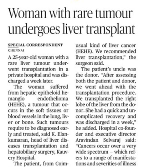 Kauvery Hospital successfully performs Liver Transplant on 25 year old woman-Press Release