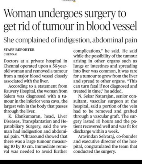 Kauvery Hospital Successfully removes a rare tumour from a major blood vessel of liver