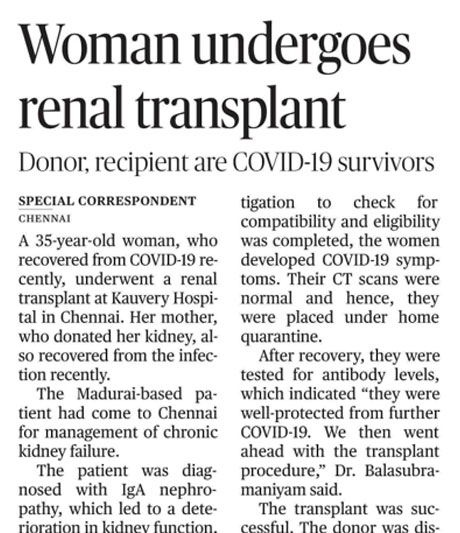 Kauvery Hospital successfully performs Kidney Transplant on 35 year old woman - Press Release