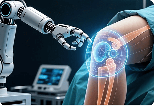 Robotic-assisted knee replacement surgery showing precision robotic arm and digital knee joint alignment visualization